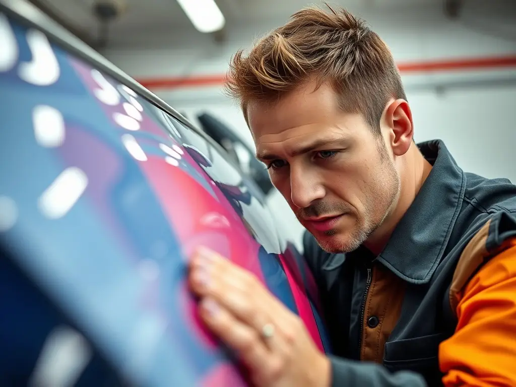 A close-up shot of a technician applying a red vinyl wrap to a sports car, showcasing the precision and attention to detail involved in the car wrapping process at Drawconcept.
