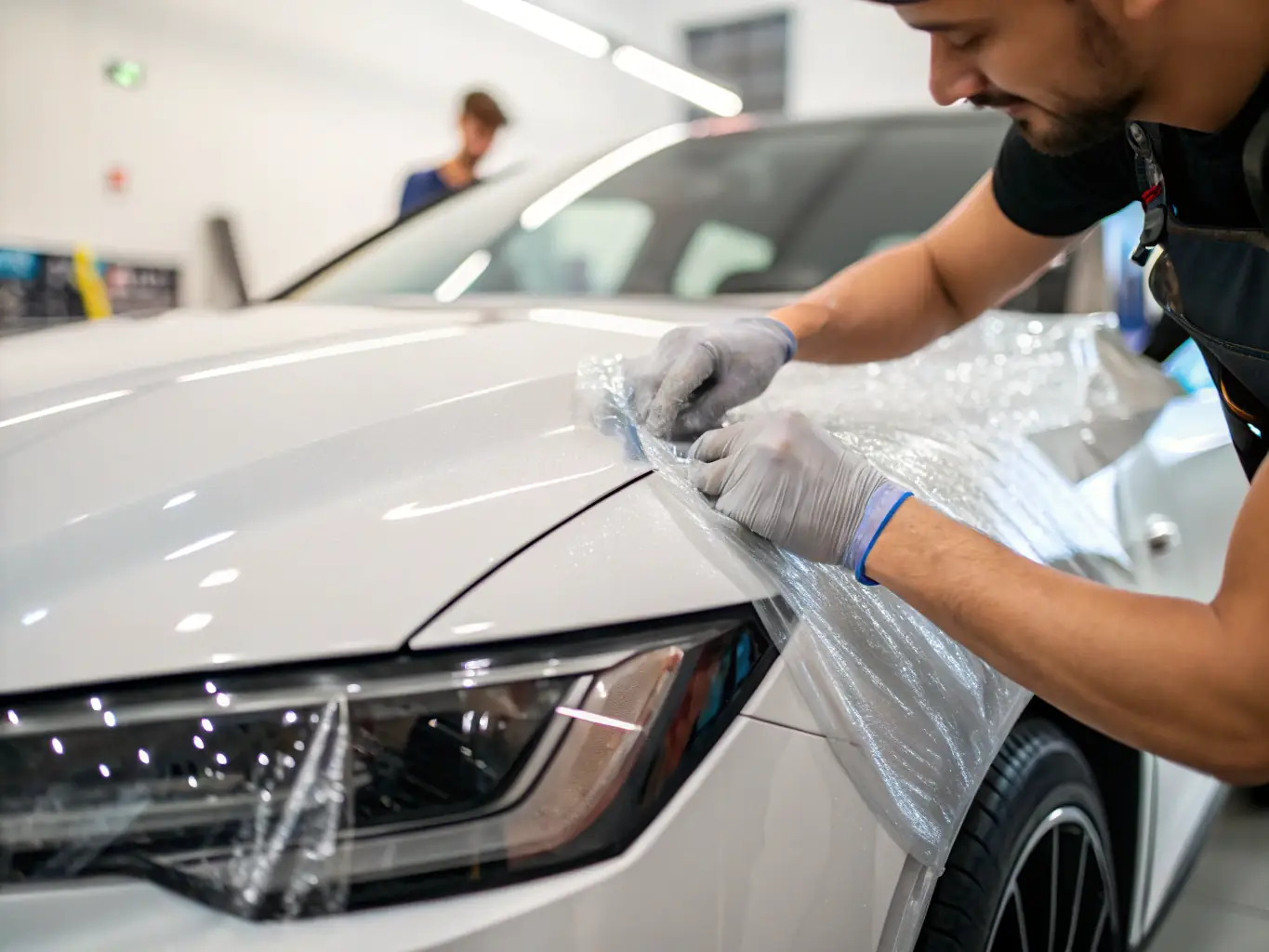 A detailed image of a luxury car with a clear PPF film being applied, highlighting the film's transparency and protective qualities, essential for maintaining the car's original paint condition.