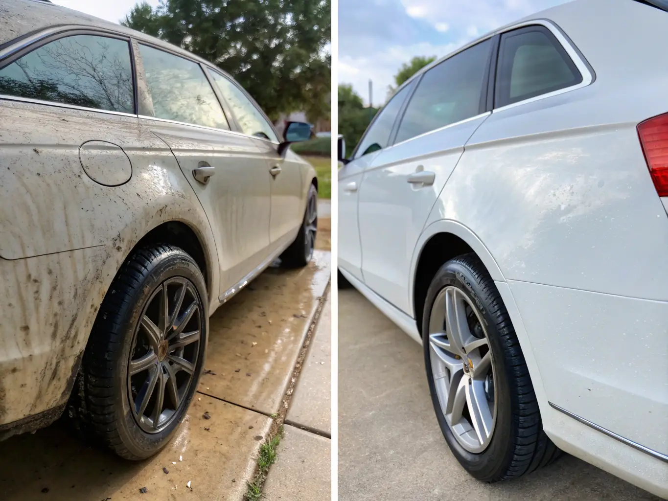 A before-and-after image showcasing a car with a damaged paint job being restored to its original condition with Drawconcept's car wrapping or PPF application services, emphasizing the transformative results.
